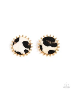 Paparazzi Cowhide Couture - Brown - Multicolored Cow Print - Gold Post Earrings - Picture 1 of 3
