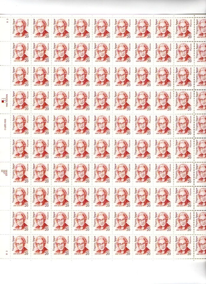 U.S. COMM SHEET OF 100 SCOTT#2179 1994 20ct VIRGINIA APGAR MNH P#B3 - Image 1 of 1