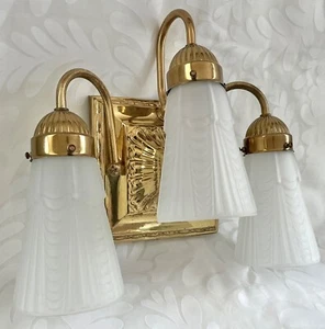 Vintage Brass 3-Light/Arm Wall Sconce Lamp Satin Glass Shades Drape - Picture 1 of 11