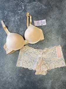 Nude Beige Lingerie Set T-Shirt Bra With Contrasting Lace Knickers Sizes B-D Cup - Picture 1 of 11