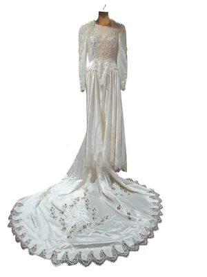 vintage ivory bead & lace long sleeve wedding dress gown size 8 PICK UP SA - image 1 of 4
