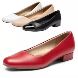 Women Office Work Pumps Low Chunky Heel Close Square Toe Slip On Pump Shoes - Picture 1 of 32