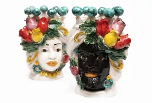 Coppia teste di moro re e regina con tulipani in ceramica di Caltagirone 30 cm - Imagen 1 de 4