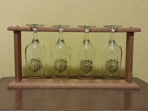 Henry Weinhard's Private Reserve  Stemmed Glasses Set Of 4 With Wooden Rack - Picture 1 of 11