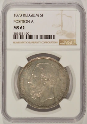 Bélgica 1873 5 francos de plata posición A NGC MS62 2854531-001 Foto 1 de 4