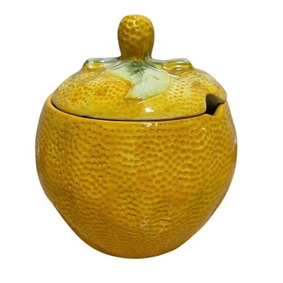 Vintage Hand Painted Golden Yellow Ceramic Sugar Bowl Orange Shape Made Portugal - Imagem 1 de 4