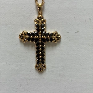 Black Spinel 18k Yellow Gold Holy Cross Pendant Over 925 Sterling Silver 20” - Picture 1 of 7