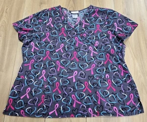 Scrubstar Womens Sz XL Scrub Top, Hearts/Ribbons, V-Neck, Gray Base, Pockets - Picture 1 of 11