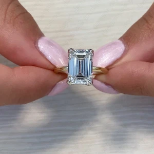 2.85Ctw Emerald Moissanite Hidden Halo Engagement Ring Solid 14K Two-Tone Gold - Picture 1 of 10