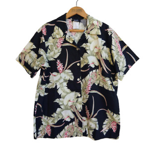 Women's Vintage 90s Hawaiian Shirt Size M Black Tropical Print Retro Tiki Luau 