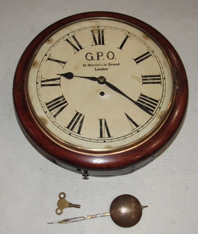 Antique English Fusee Advertising G.P.O. Gallery Wall Clock 15", 8-Day Cover