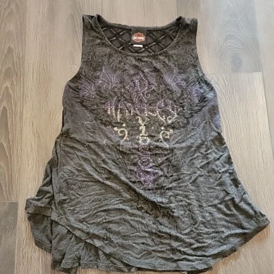 Camiseta sin mangas Harley Davidson estilo aflicción estrás encaje motociclista talla grande de colección Foto 1 de 4