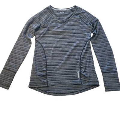 Camisa de Correr Reebok Manga Larga Atlética Negra Gris Rayas Para Mujer Grande Usada en Excelente Condición  Foto 1 de 4