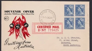 1956 2 1/2d Blue QEII Block 4 WCS Sturt's Desert Pea Generic FDC CERTIFIED MAIL - Picture 1 of 5