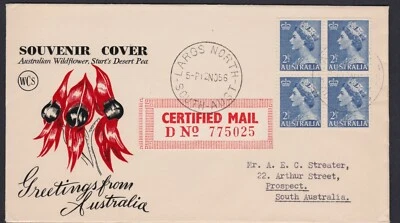 1956 2 1/2d Blue QEII Block 4 WCS Sturt's Desert Pea Generic FDC CERTIFIED MAIL - Image 1 of 4