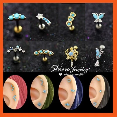 20g Turquoise CZ Ear Cartilage Helix Piercing Dangle Stud Bar Screw Ball Earring - Image 1 of 4