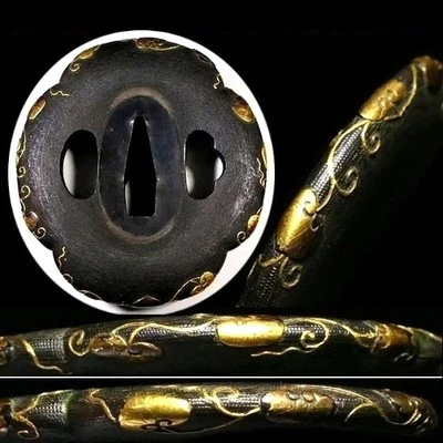 Japan antique Edo era arabesque hollyhock Tsuba Shakudo Box sword armor blade  - Image 1 of 4