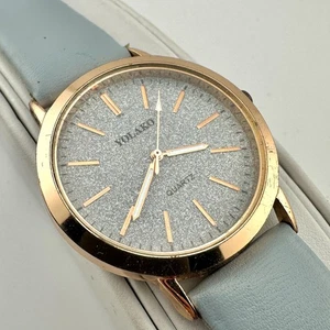 YOLAKO Watch Mens Rose Gold Tone Case Silver Textured Dial Quartz Blue Strap - Picture 1 of 14