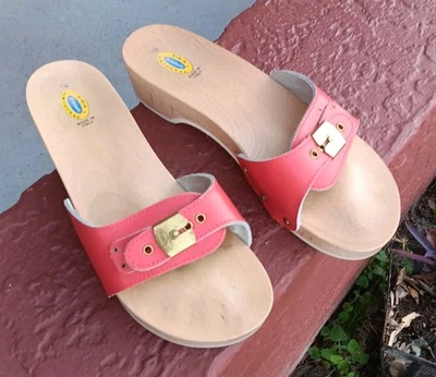 DR SCHOLLs Original Exercise Wooden Sandals RED Leather SLIP ON size 10 - Image 1 of 4