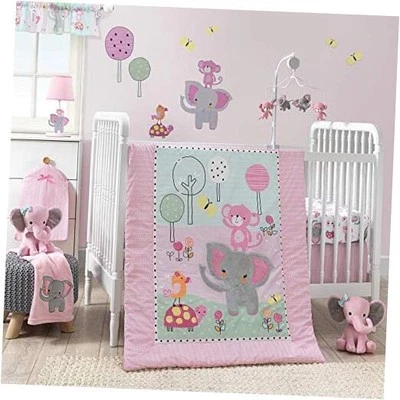  闪烁脚趾丛林大象 3 件套床上用品套装,粉红色/白色婴儿床 — 第 1/4 张图片
