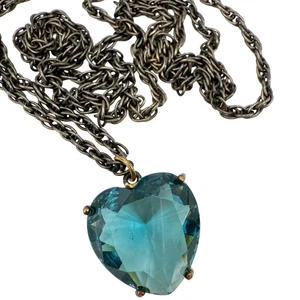 Vintage dunkles Metall Kettenglied Halskette blau Herz Strass Anhänger Schmuck - Bild 1 von 10