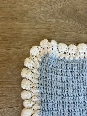 Handmade Crochet Baby Blanket Blue White Afghan Tunisian Stitch Scalloped Edge - Image 1 of 4