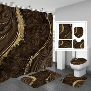 4 Pcs Luxury Marble Shower Curtain Set with Non-Slip Rugs, Toilet Lid Cover and - Picture 1 of 12