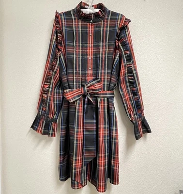 Vestido J Crew AT597 NUEVO CON ETIQUETAS Talla XL Cinturón Volantes Negro Stewart Tartán Vacaciones Invierno Foto 1 de 4