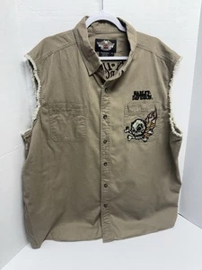 Khaki Harley Davidson Men’s 2XL Vest Sleeveless Button Up Shirt Embroidered - Picture 1 of 7
