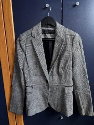 Zara Grey Black Herringbone Wool Tweed Blazer Jacket Elbow Patch - Image 1 of 4