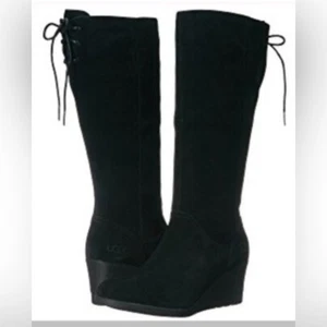 UGG DAWNA Black Suede Wedge BOOTS WITH TASSELS SIZE 8 NEW - Picture 1 of 10