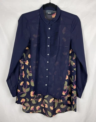Blusa túnica Anthropologie Maeve Ira azul marino floral transparente alta baja plisada talla 4 Foto 1 de 4