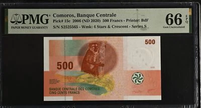 Comoros 500 Francs 2006 ND 2020 P 15 c Gem UNC PMG 66 EPQ - Image 1 of 3