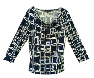 Jones Wear Size M Abstract Design Black & Ivory 3/4 Sleeve Front Cowl Women's - Picture 1 of 8