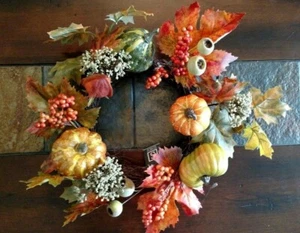 12" Faux Pumpkin Gourd Pod Leaf Berries FALL Thanksgiving WREATH Candle Ring - Picture 1 of 6