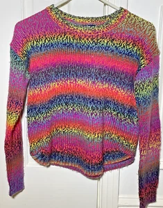 Fun Multicolor Stripe Sweater Large 12-14 Long Sleeve Pink Blue Purple Yellow - Picture 1 of 6