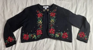 Heirloom Collectibles Christmas Crop Ugly Sweater Cardigan XL Holiday Poinsettia - Picture 1 of 12