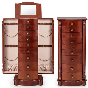 Wood Jewelry Cabinet Armoire Storage Chest Stand Organizer w/ Drawers & Doors - Picture 1 of 8
