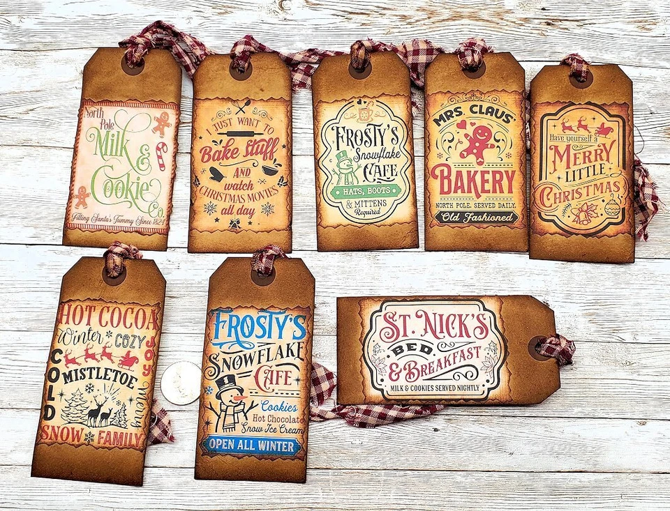 8-Christmas-Primitive-Farmhouse-Coffee Stained-Baked-Linen Cardstock-Gift-Tags - Image 1 of 1