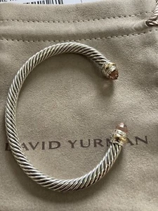 David Yurman Sterling Silver MORGANITE & Gold Cable Cuff Bracelet LARGE - Picture 1 of 15