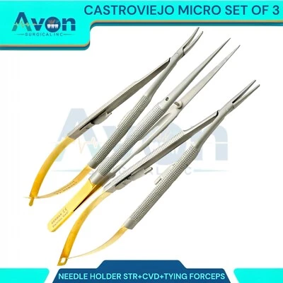 CYNAMED 3 GERMAN CASTROVIEJO MICRO SURGERY NEEDLE HOLDER STR+CVD +SUTURE TYING FORCEPS