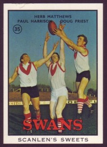 Scanlen's • 1968 B • South Melbourne Swans • Matthews, Harrison, Prie • Card #35