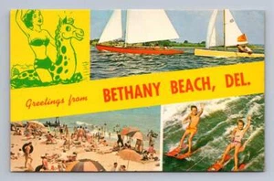 Grüße von BETHANY BEACH Delaware Vintage Wasserski Postkarte ~ 1970er - Bild 1 von 2