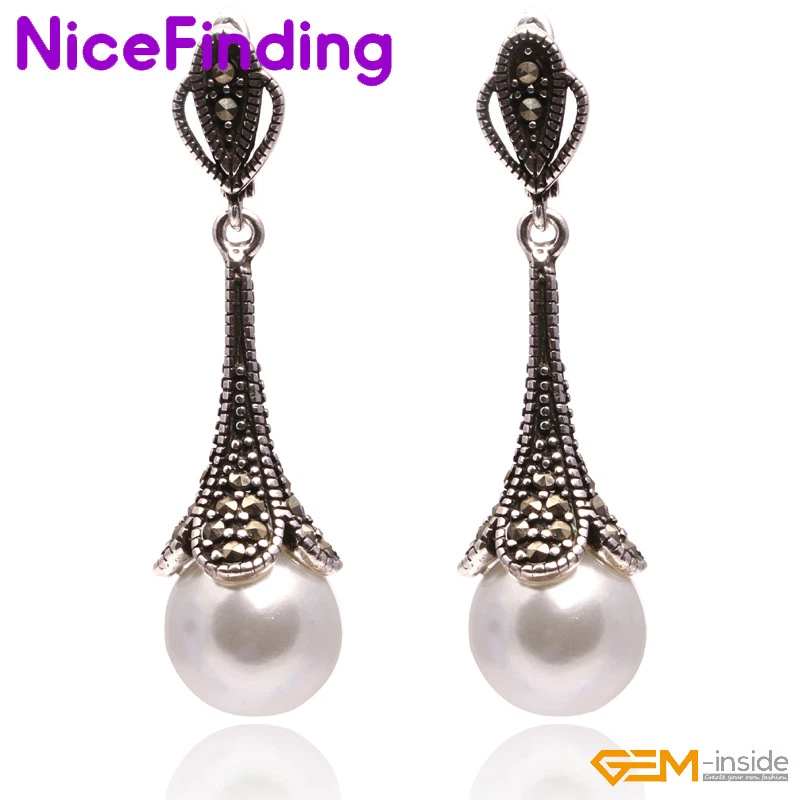 GEM-inside Drip Bead Earrings - 14x30mm Green Jade & Tibetan Silver Marcasite, Drop Dangle Jewelry