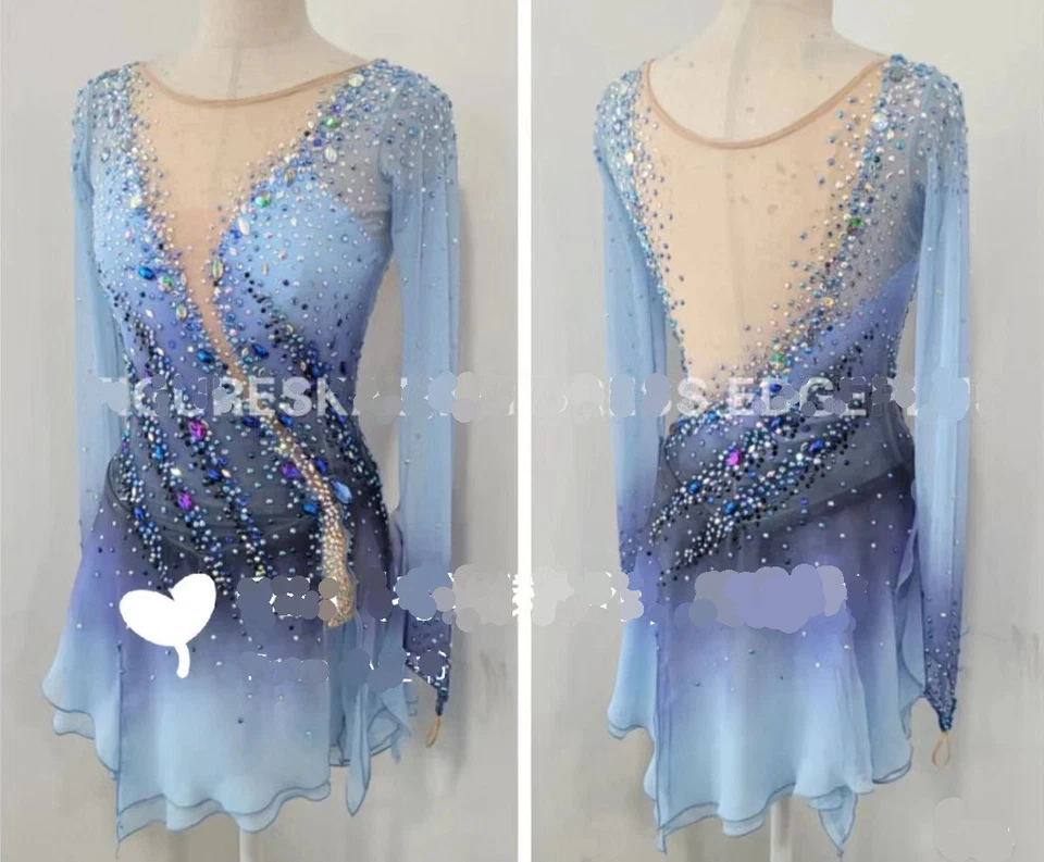 ICE DANCE WHIRLY Ice Figure Skating Dress Figure skaitng Dress For Competition Blue dyeing