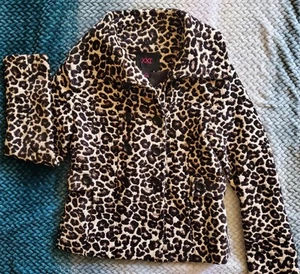 FOREVER 21 Black Cream Leopard Print Retro Carpet Bag Pea Coat Size LG Juniors - Picture 1 of 16
