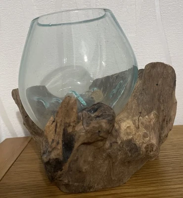 Molten Glass Round Bowl On Rustic Teak Root Wood Base Stand Decor Ornament Gift - Image 1 of 4