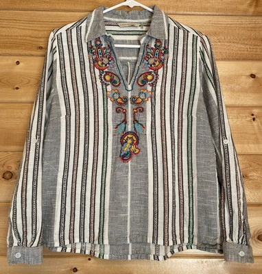 Soft Surroundings Aruba Pullover Tunic Top Striped Embroidered Petite Medium PM - Image 1 of 4