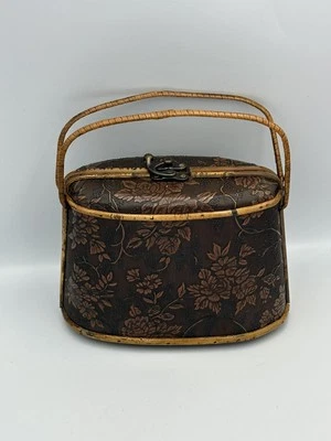 Cartera Caja Años 70 Madera Floral Con Asas de Ratán Borde Bambú Retro Boho Vintage Foto 1 de 4