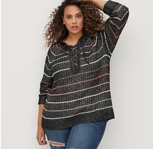 Torrid Sweater Sz 4 Chunky Crochet Raglan Hoodie Black Rainbow Stripe Lace Up - Picture 1 of 7